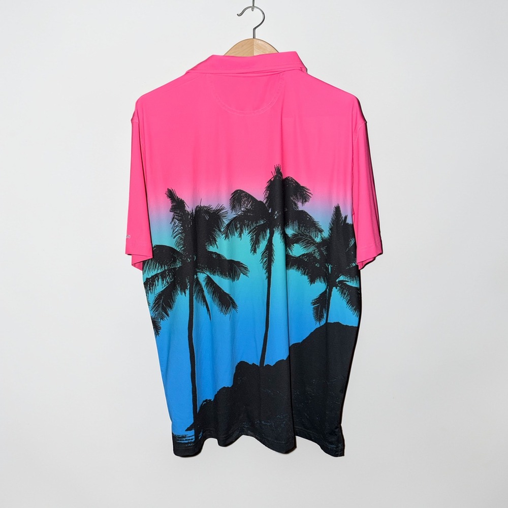 Chubbies Mens Pink Tropical Sunset Palm Tree Performance Polo Shirt Large L - Picture 3 of 6